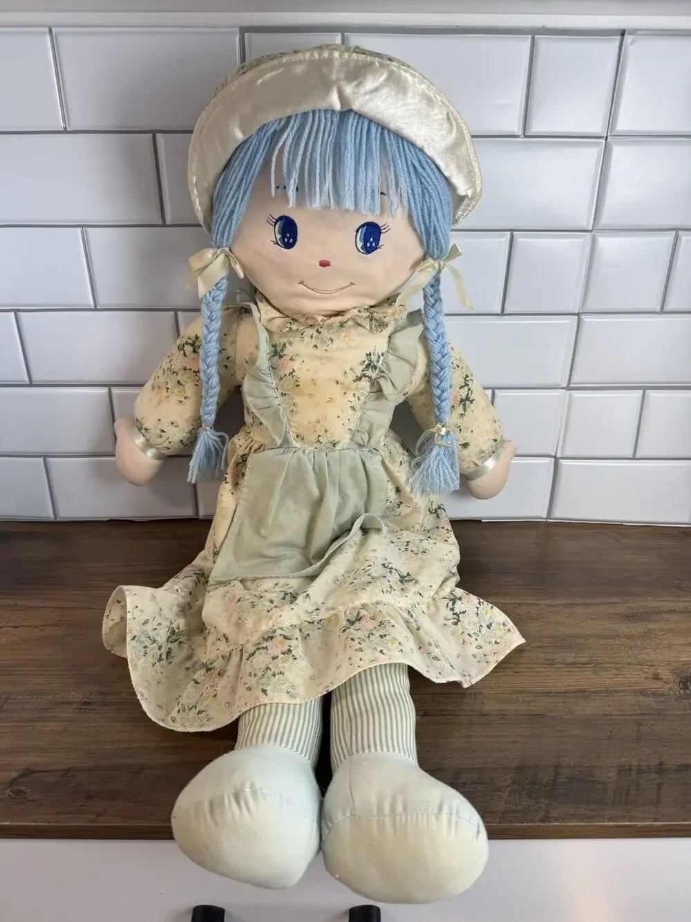 Vintage 28” Rag Doll Blue Braided Yarn Hair Floral Dress Bonnet Plush Toy